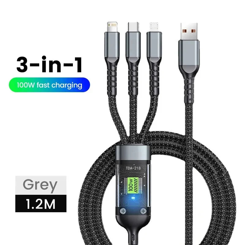 100/66W 3v1 kábel Micro USB Type C kábel pre iPhone 15 14 13 Pro Max Huawei Xiaomi Samsung S23 S22 Super rýchly nabíjací kábel