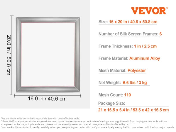 Súprava sieťotlače VEVOR 6 PCs 10 x 14 palcov hliníkové rámy na sieťotlač sieťotlačový rám napínacia nylonová sieťovina