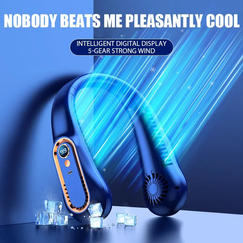 Ventilátor bez čeľuste na krk Mini Ultra Long Life Prenosný Lenivý Tichý Ventilátor Nabíjanie cez USB Študent Športová kancelária Digitálny displej Výkon 5 prevodov