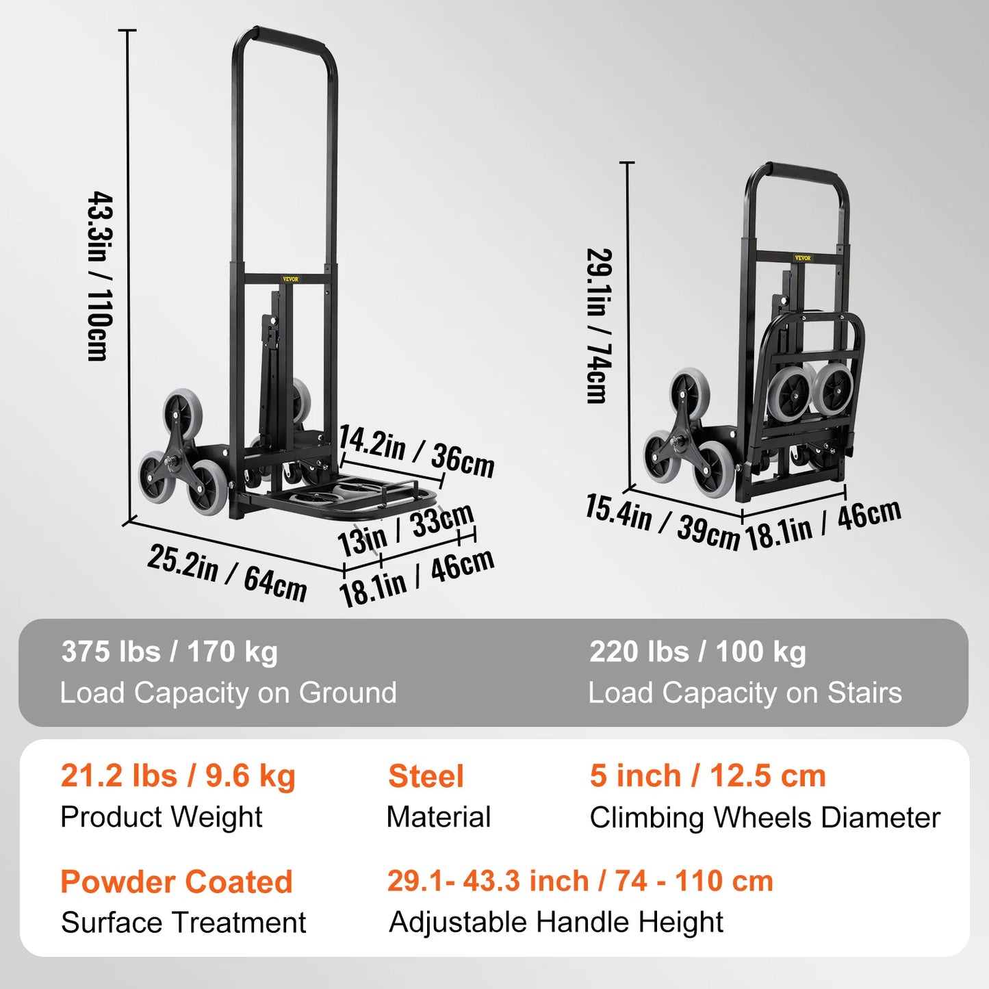 VEVOR 550/375/220 lbs Vozík na lezenie na schody, skladací vozík Heavy Duty s dvojitými rukoväťami Rám nákladného auta pre letisko v sklade