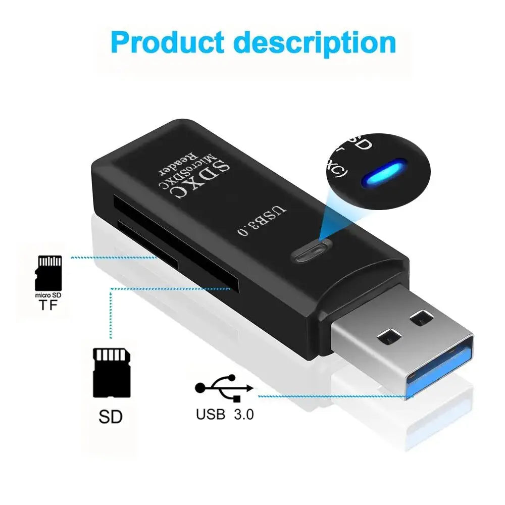 Multifunkčná vysokorýchlostná čítačka kariet 2 v 1 USB 3.0/2.0 Podporuje počítač TF+SD, fotoaparát tabletu, laptop, montáž do auta