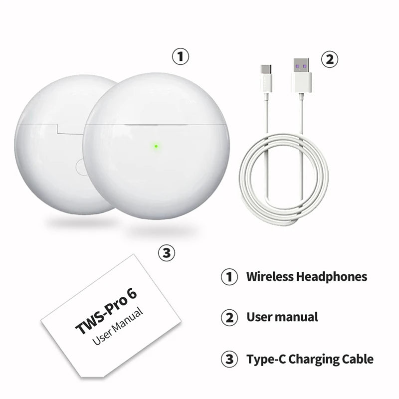Slúchadlá Bluetooth pre iPhone Bezdrôtové slúchadlá Bluetooth Headset Pro 6 TWS s potlačením hluku s bezdrôtovými slúchadlami Mic Pro6