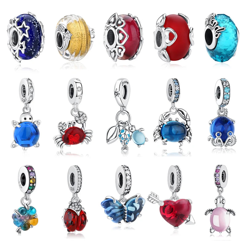 Originálne 925 Sterling Silver Charms Love Heart Korytnačka Murano Glass Prívesok Korálky Fit Pan náramok Náhrdelník Šperky pre ženy