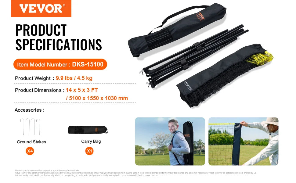 VEVOR 10/14/17FT bedmintonová sieť Výškovo nastaviteľná volejbalová sieť Široká skladacia sieť na pikleball Prenosná Súprava tenisovej siete s jednoduchým nastavením