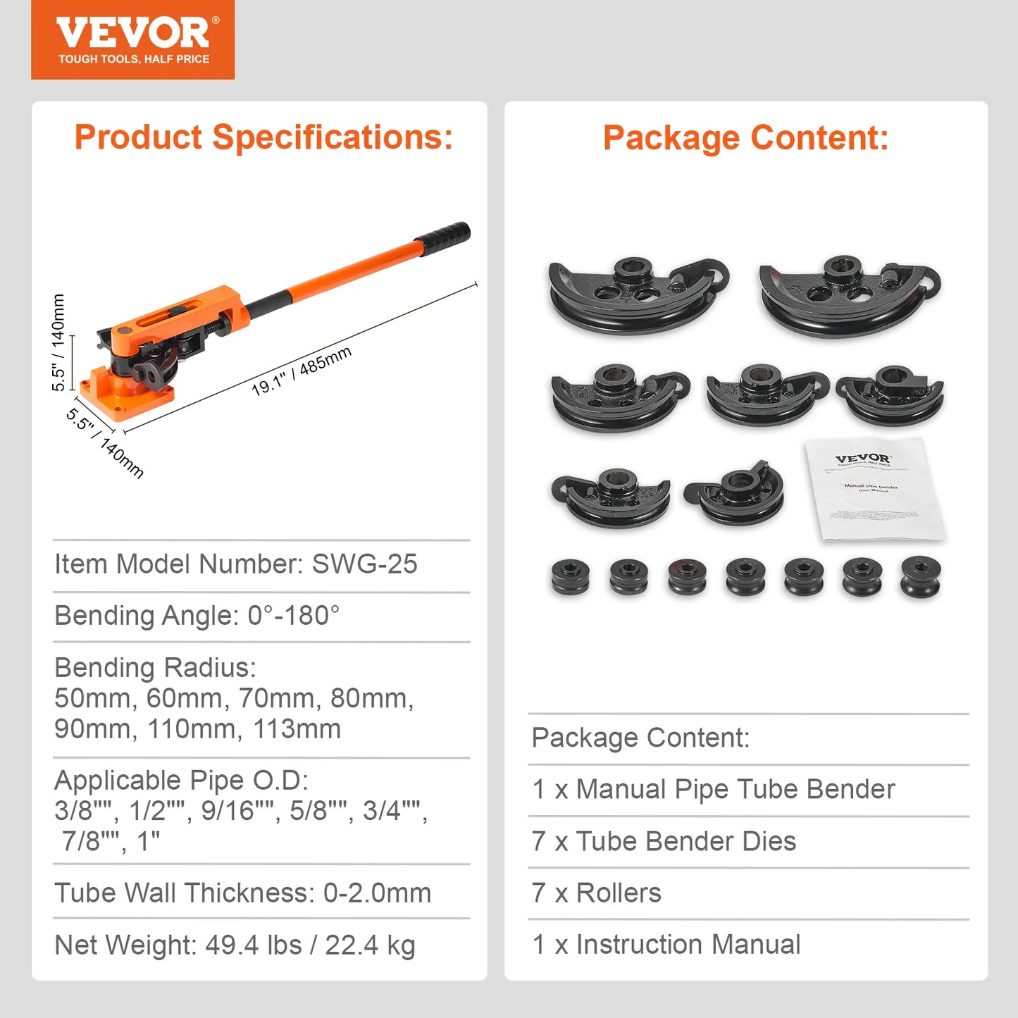 Ručná ohýbačka rúr VEVOR so 7 ohýbacími nástrojmi Multifunkčná ohýbačka oceľových medených rúr Pákový typ Nástroje na ohýbanie rúr pre veľké zaťaženie