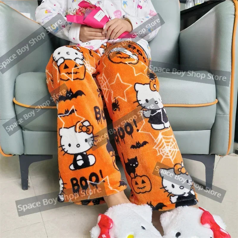Hello Kitty pyžamové nohavice Sanrio Anime Fleece dvojitá elastická tkanina Mäkké nohavice Nové Dámske nohavice Kawaii Kreslený darček k narodeninám