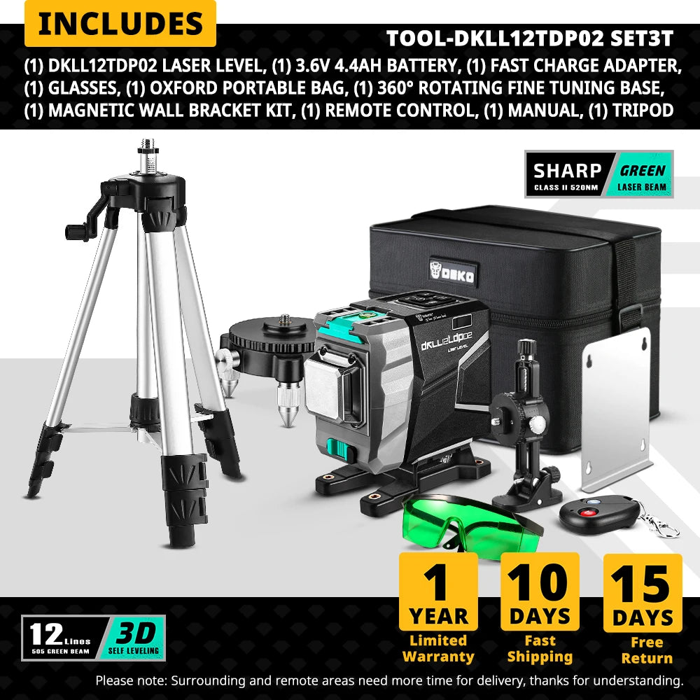 DEKO Nová séria DKLL12tdP02 s 12 čiarami 3D zelená laserová vodováha Horizontálne a vertikálne krížové čiary Vysoko presné, automatické samonivelovanie