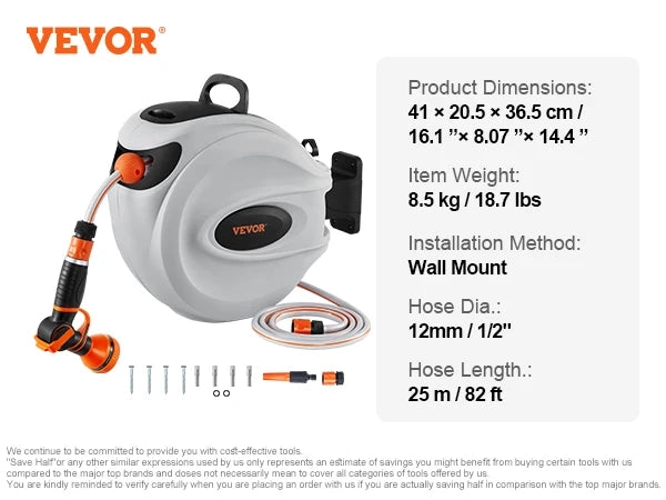 VEVOR zaťahovací navijak na hadicu 82 stôp x 1/2 palca 180° otočná konzola nástenný navijak na záhradnú vodnú hadicu s tryskou s 9 vzormi