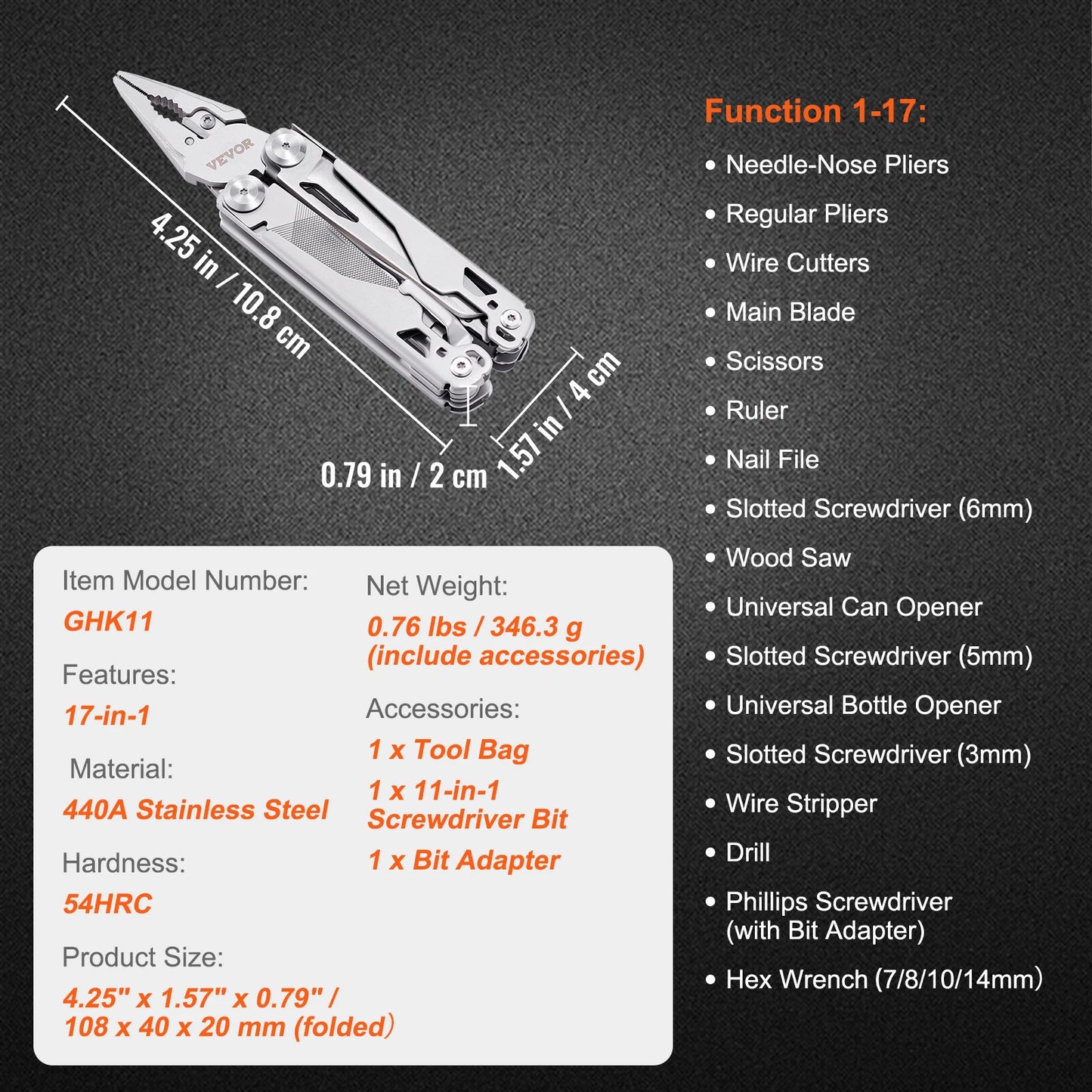 VEVOR 16 Multitool kliešte 17-in-1 Multitool kliešte Rezačky Nôž Nožnice Pravítko Skrutkovače Pílka na drevo, otvárač na fľaše