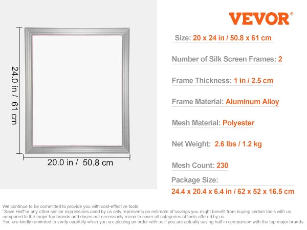 Súprava sieťotlače VEVOR 20 x 24 palcov Hliníkové rámy na sieťotlač Rám na sieťotlač s vysokonapäťovou nylonovou sieťovinou