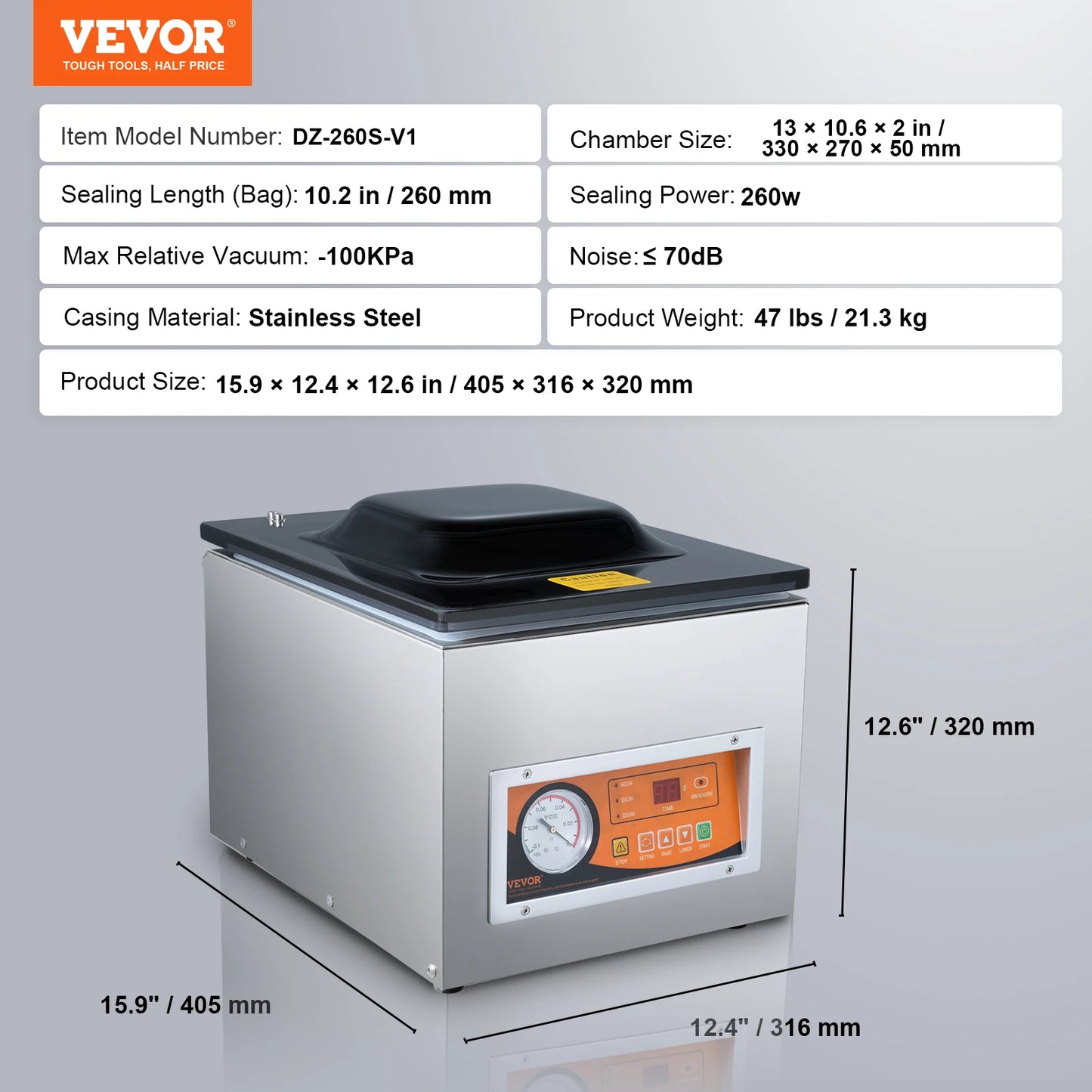 VEVOR DZ-260S Komorový vákuový tesniaci stroj 260W vákuový baliaci stroj s 10,2" dĺžkou zvaru na mokré jedlá, mäso, domáce použitie v kuchyni