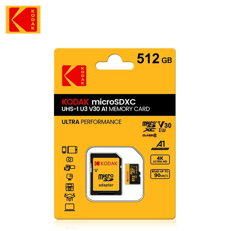 Pamäťová karta KODAK Micro SD 512 GB 256 GB AŽ 90 MB/s Class10 U3 32 GB 64 GB 128 GB TF karta 4K HD Pre USB čítačku kariet Adaptér Microsd