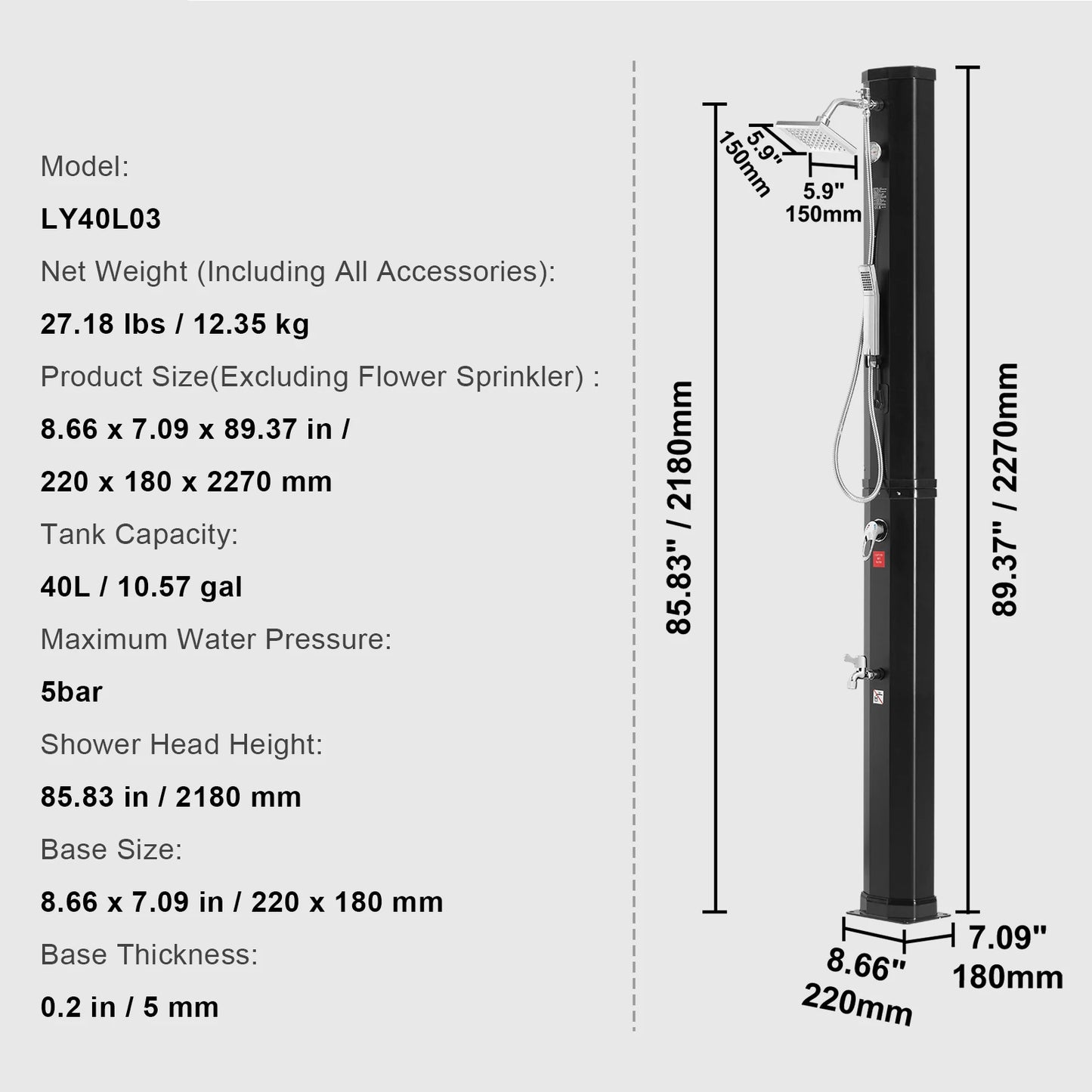 Vonkajšia solárna vyhrievaná sprcha VEVOR 35/40 l sprchová súprava s dvojitou sponou na hlavu a nohu pre vonkajšie záhradné kúpele pri bazéne pri bazéne