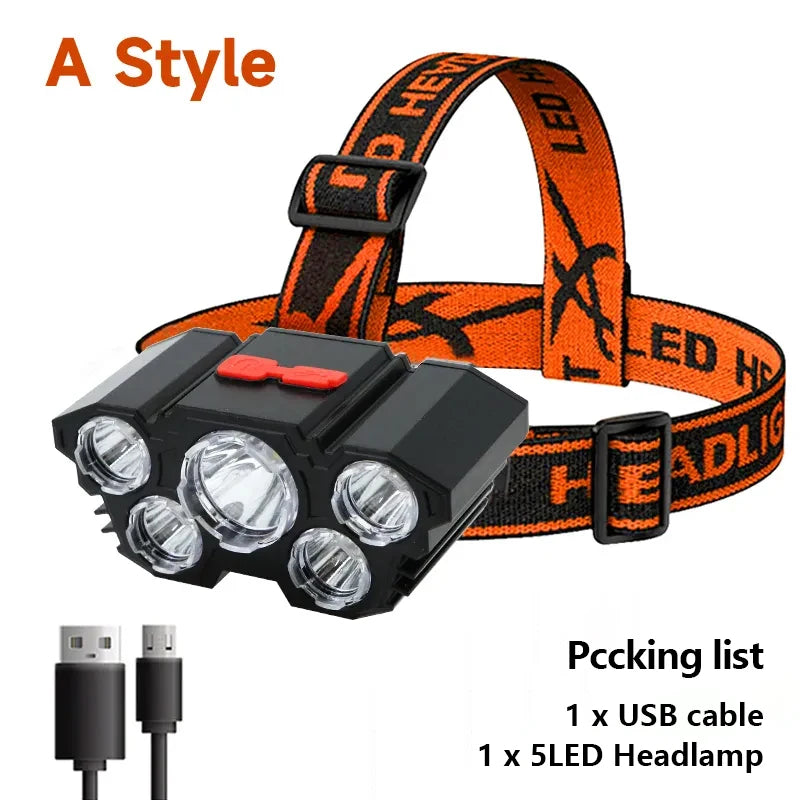 5 LED čelovka nabíjateľná so vstavanou batériou Silné svetlo čelovka Camping Adventure Fishing Head Light baterka