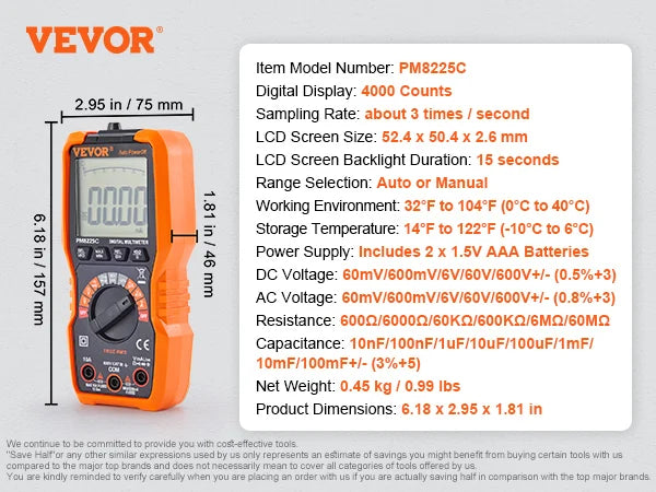 Digitálny multimeter VEVOR 4000/6000 Skúšačka jednosmerných AC voltmetrov NCV , Ohm Volt Amp Tester na meranie prúdu a napätia
