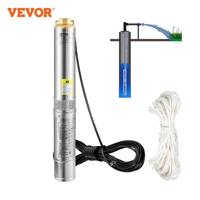 VEVOR ponorné čerpadlo do hlbokých studní 750 W 20 m elektrický kábel 7,6 cm vodné čerpadlá z nehrdzavejúcej ocele na priemyselné zavlažovanie a domáce použitie