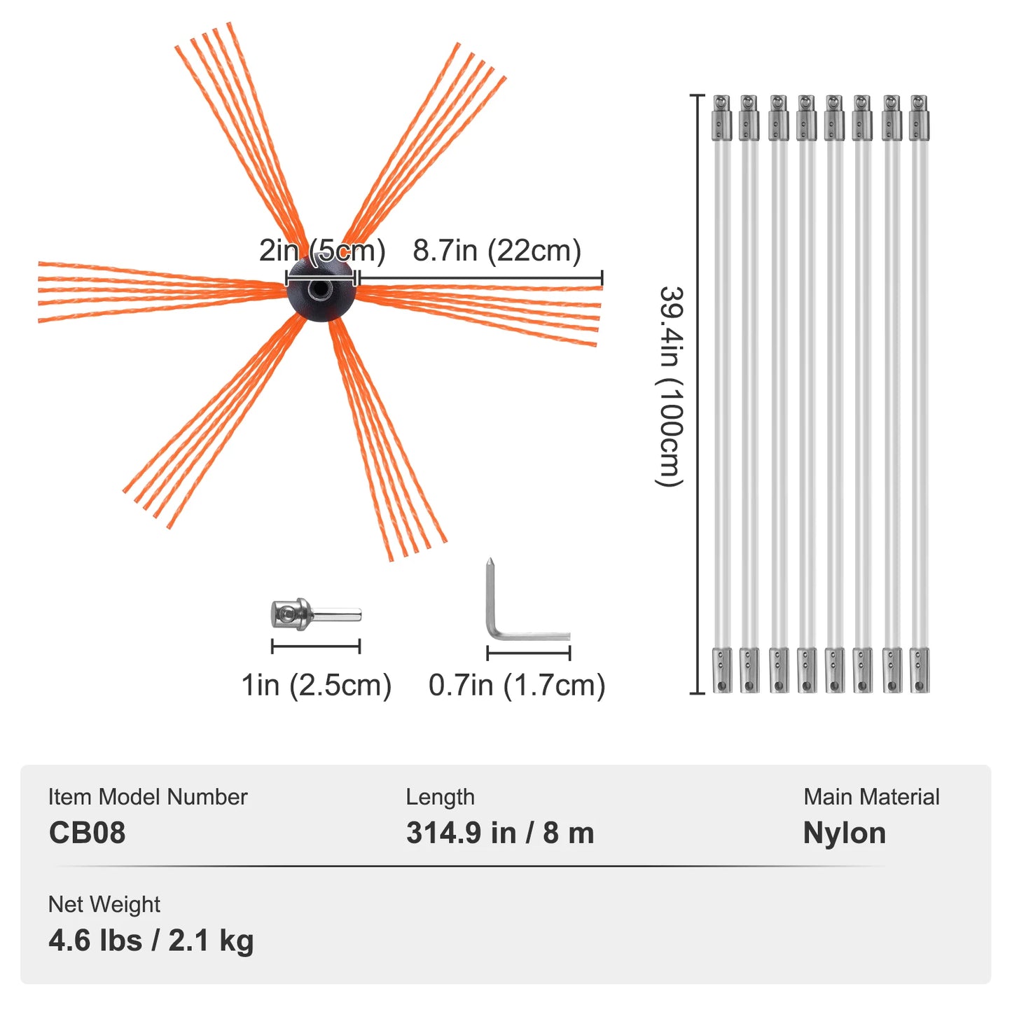 VEVOR 23/26/30/33/39 ft Komínová súprava s vystuženými nylonovými flexibilnými tyčami Ergonomická kefa na čistenie komína 360-stupňová kefa