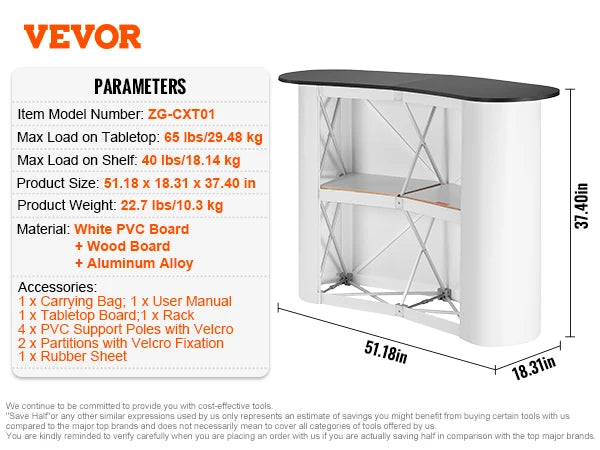Prenosný veľtrh VEVOR Stôl na pódium Výstavný pultový stánok stánok veľtrh so stenou skladací propagačný maloobchodný barový stôl na párty