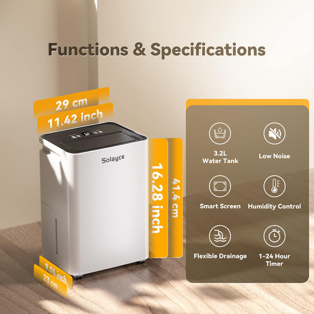 Solayce PD12R-02EE Dehumidifier 12L/24h, 3.2L Large Water Tank, Digital Humidity Display, Coverage Area 35㎡(376 sq. ft), 24H Timer, Ideal for Laundry Drying, Bedroom, Basement, Garage & Kitchen