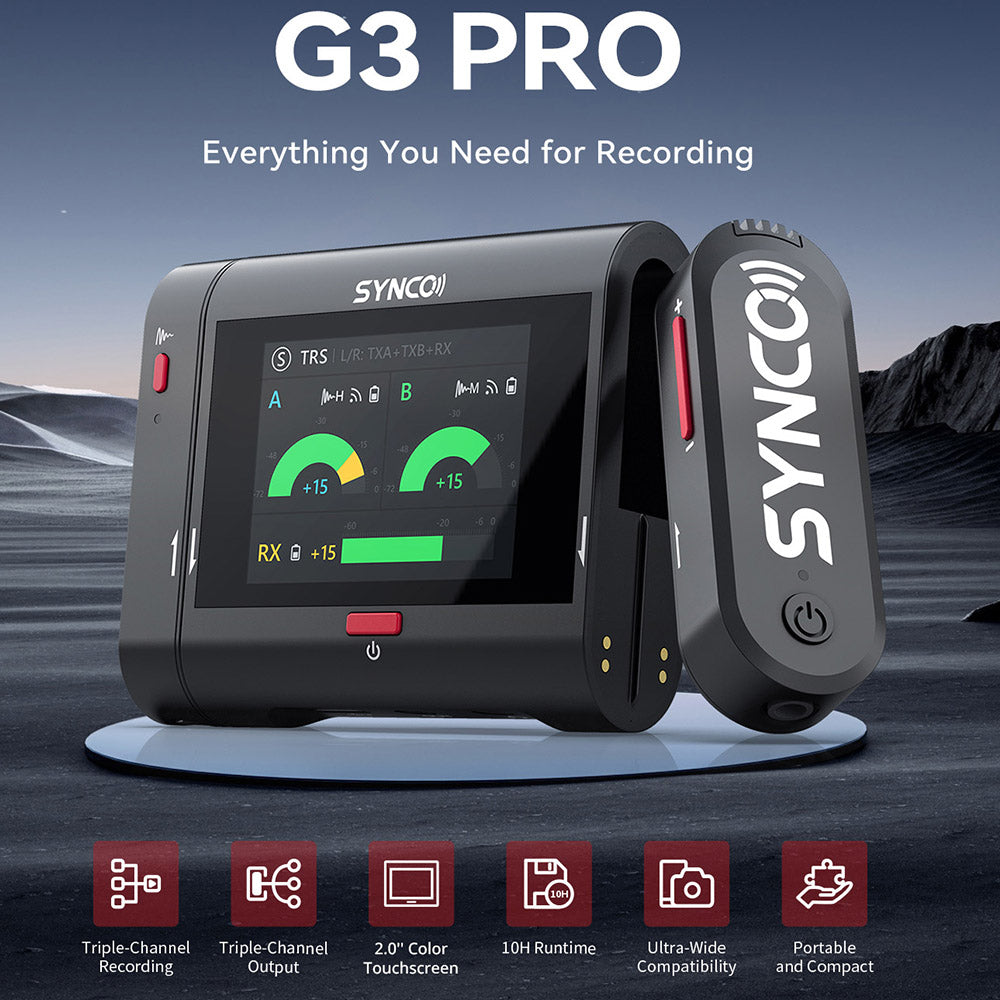 SYNCO G3 Pro Wireless Collar Microphone, 250m 2.4GHz Transmission, 2-inch Touch Screen, 3 Levels of Noise Cancellation, 10 Hours of Continuous Recording
