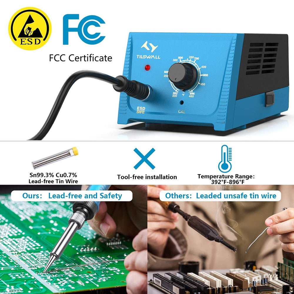 Tilswall RJ969 65W Soldering Iron Station, 5 Iron Tips, Smart Temperature Control (392°F-896°F), Anti-static, ESD Safe