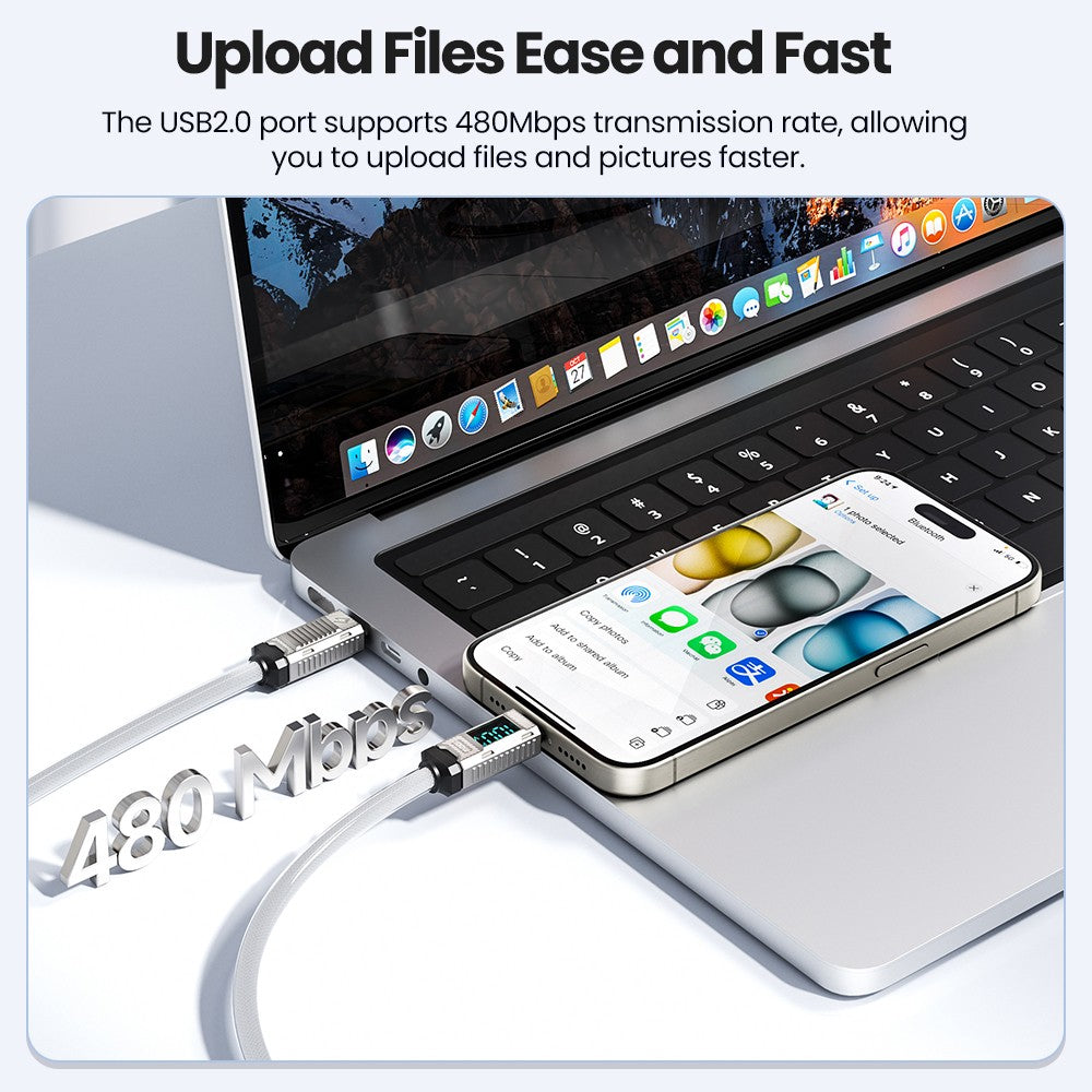 Toocki TXCTT1-ZFZA01 100W Fast Charging Cable, LED Display, Braided Zinc Alloy, 480Mbps Data Transfer, White - 1m