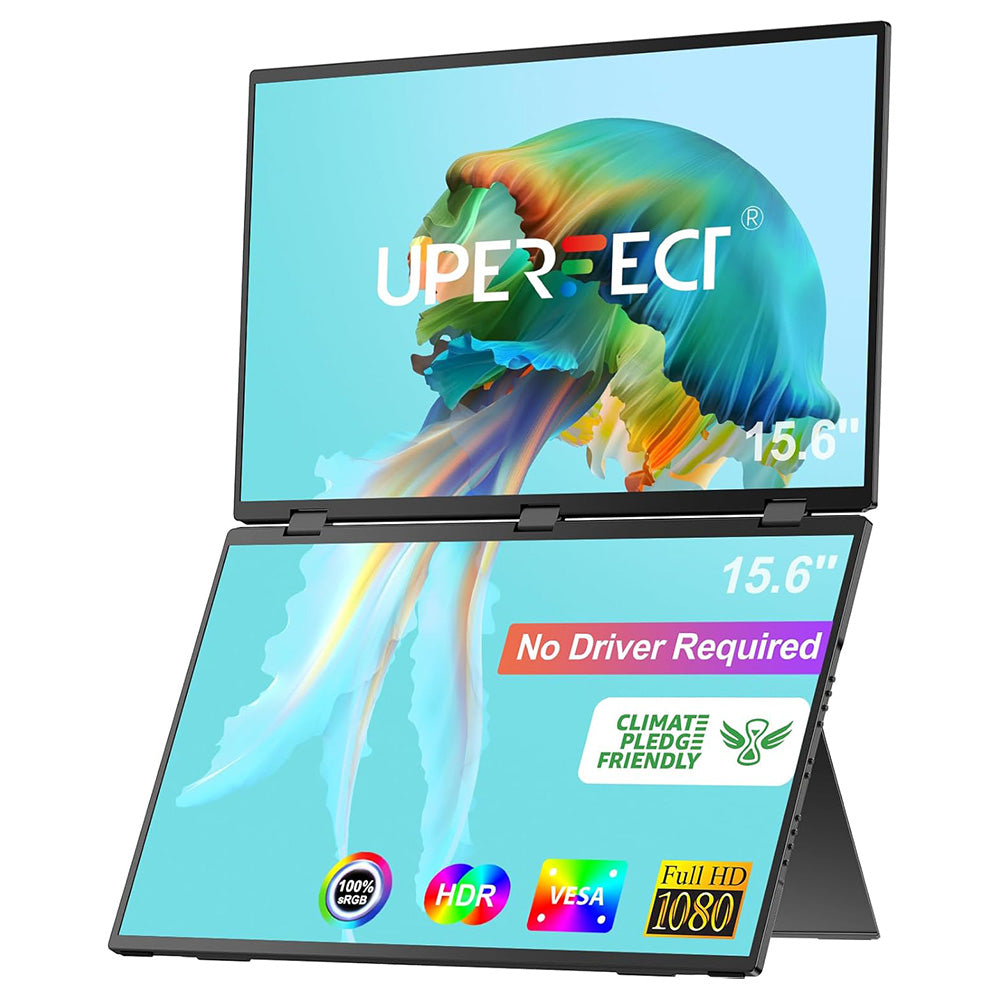 UPERFECT Delta 15.6-inch Dual Screen Portable Folding Monitor, 1920*1080 FHD IPS Screen, 60Hz Refresh Rate, 1000:1 Contrast Ratio, 360° Folding, Built-in Speaker, Built-in Stand & VESA Mountable, 2*Full-Featured Type-C, 2* mini HDMI - EU Plug