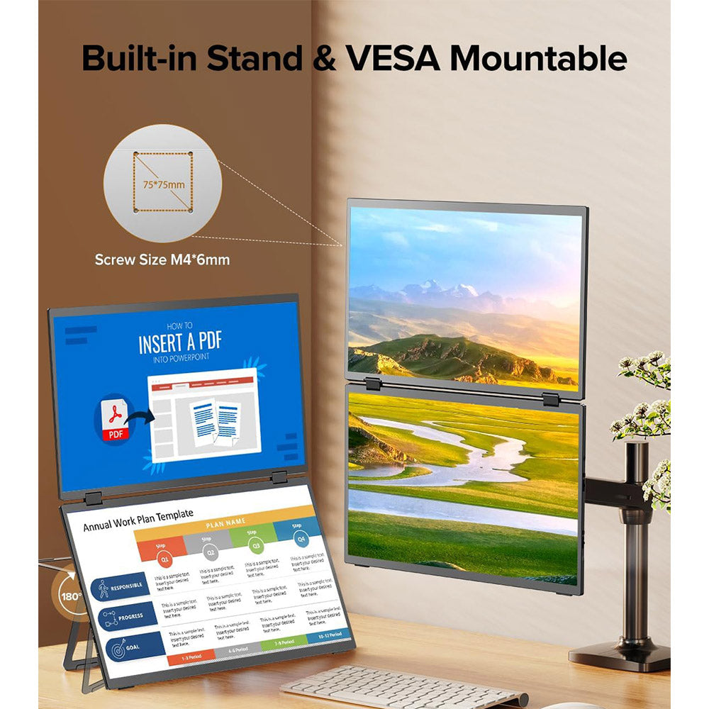UPERFECT Delta 15.6-inch Dual Screen Portable Folding Monitor, 1920*1080 FHD IPS Screen, 60Hz Refresh Rate, 1000:1 Contrast Ratio, 360° Folding, Built-in Speaker, Built-in Stand & VESA Mountable, 2*Full-Featured Type-C, 2* mini HDMI - EU Plug