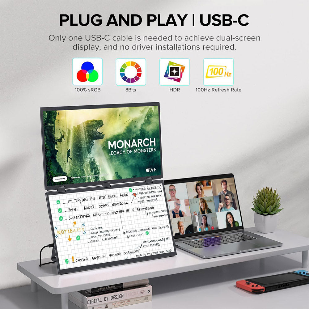 UPERFECT Delta Max 18.5-inch Dual Screen Portable Monitor, 1920*1080 IPS Screen, 100Hz Refresh Rate, 100% sRGB, Built-in Speaker, Driver Free, 360° Folding, Adjustable Stand & VESA Mountable, Screen Extender for Laptop PC Phone Game Console - EU Plug