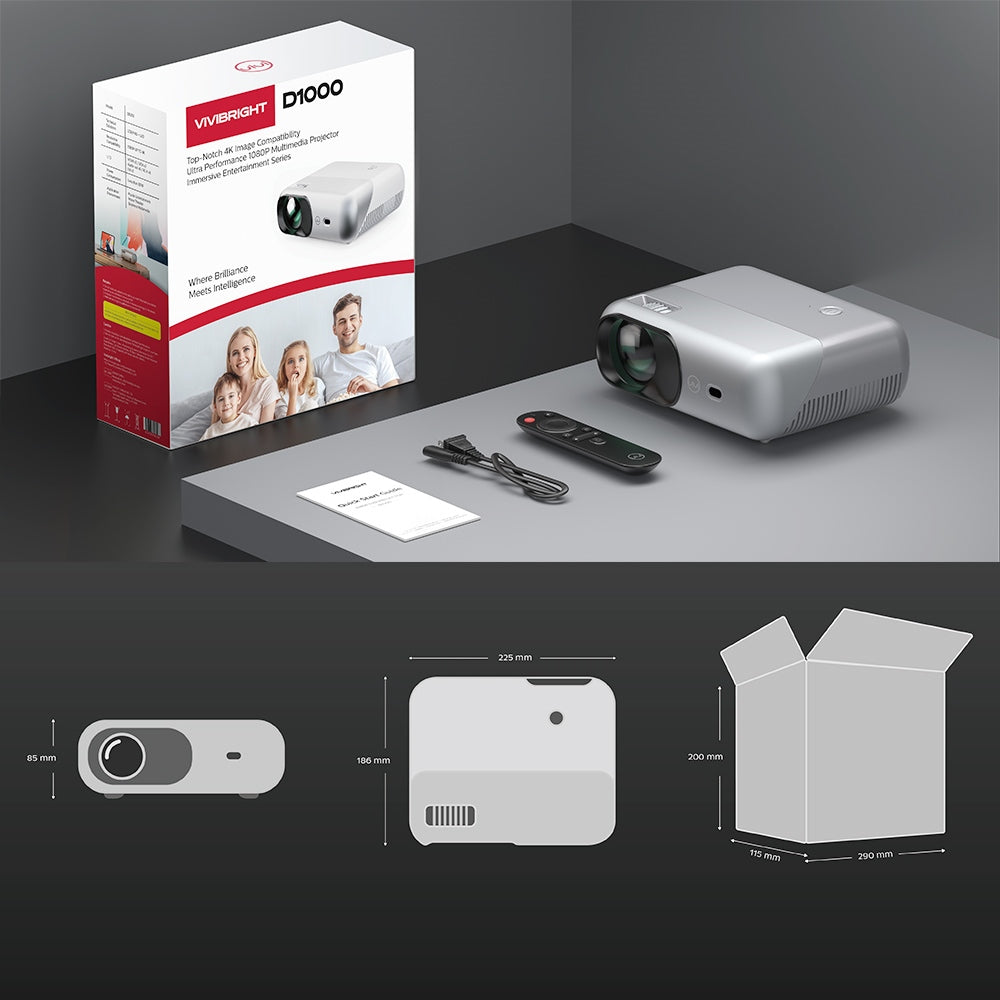 VIVIBRIGHT D1000 LCD Projector, 450 ANSI Lumens, Native 1080P, 2.4G/5G WiFi, Bluetooth 4.0