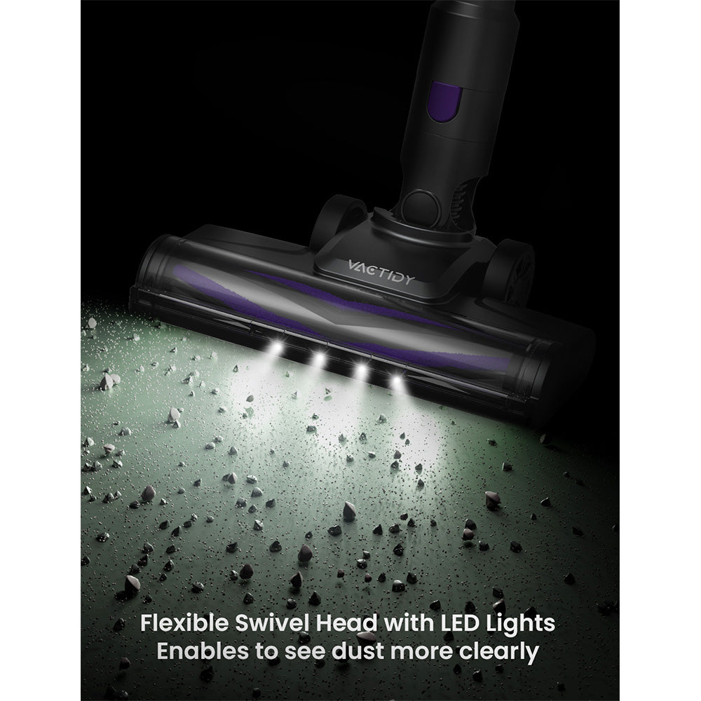 Vactidy V8 Pro Cordless Vacuum Cleaner, 25kPa Powerful Suction, Cyclonic Filtration System, 500ml Dust Cup, LED Touch Display, 180° Rotatable Brush Head, 35min Runtime, Self-Standing Design