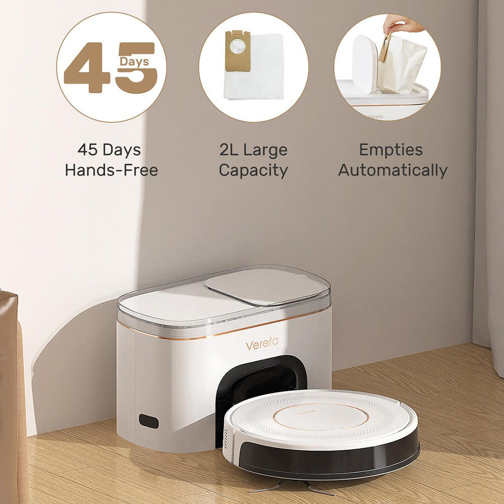 Verefa V60 Pro Robot Vacuum Cleaner, Self Emptying, 3200Pa Suction, 2L Dust Bag, Quiet Cleaning, Smart Navigation 2.0, 150Mins Max Runtime, APP/Remote Control - White