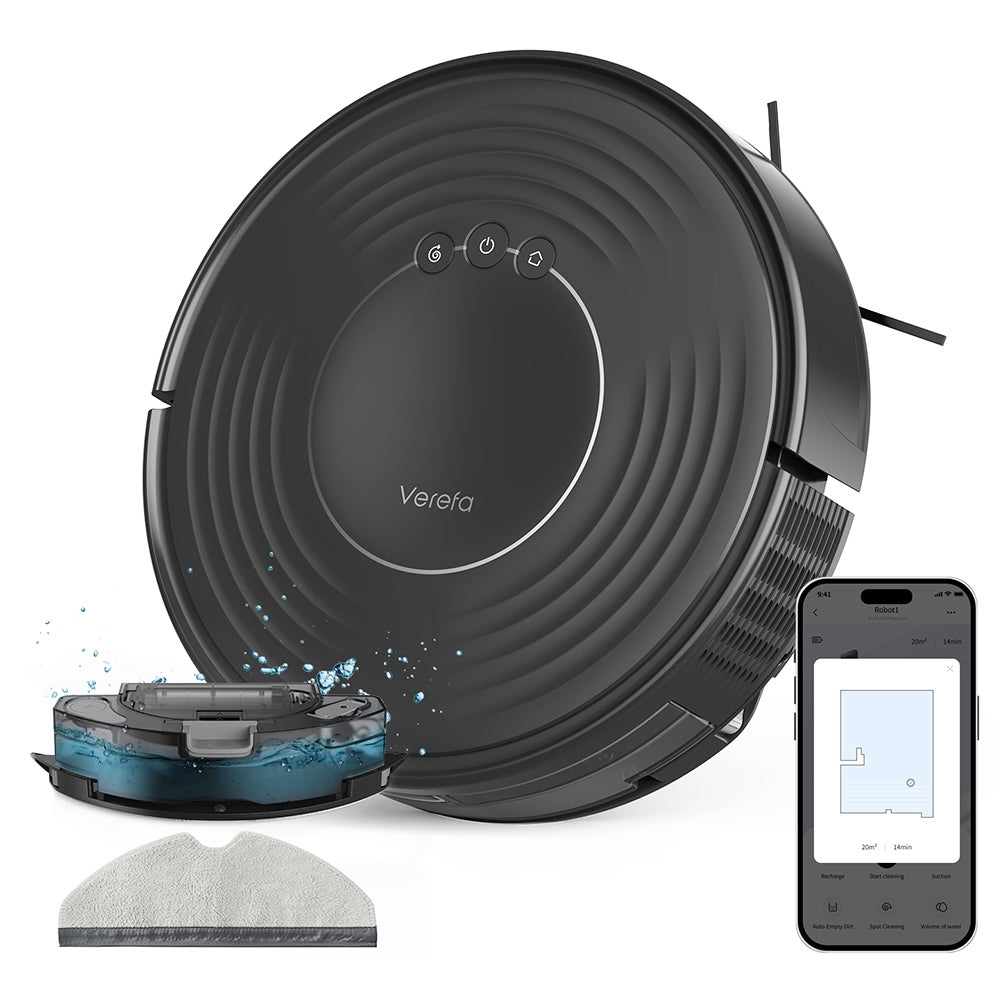 Verefa V60m Lite Robot Vacuum Cleaner, 2700Pa Max Suction, 2 in 1 Vacuuming Mopping, 250ml Dust Box, Max 150 Mins Runtime, App/Voice Control - Black