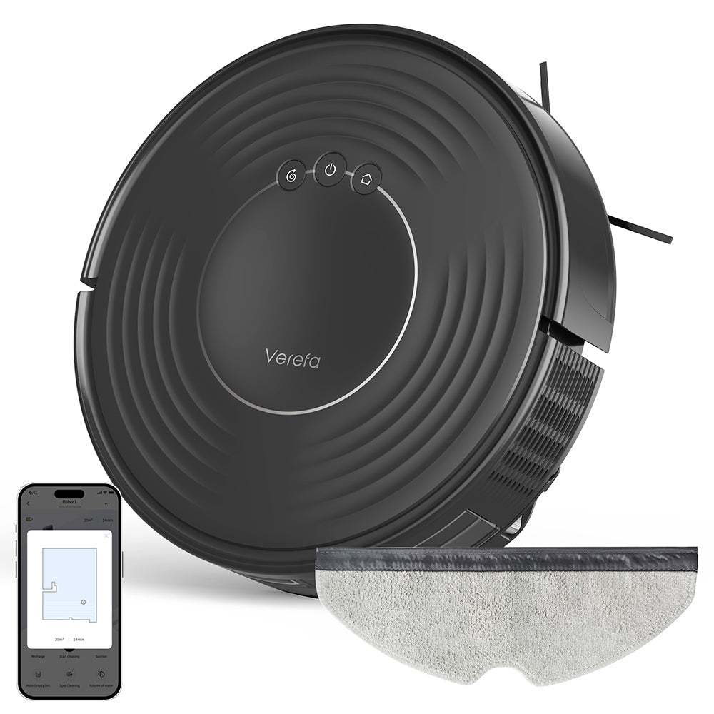 Verefa V60m Lite Robot Vacuum Cleaner, 2700Pa Max Suction, 2 in 1 Vacuuming Mopping, 250ml Dust Box, Max 150 Mins Runtime, App/Voice Control - Black