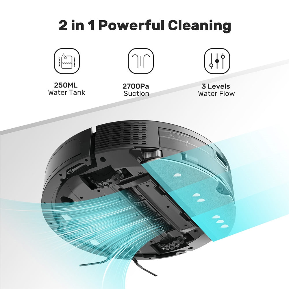 Verefa V60m Lite Robot Vacuum Cleaner, 2700Pa Max Suction, 2 in 1 Vacuuming Mopping, 250ml Dust Box, Max 150 Mins Runtime, App/Voice Control - Black
