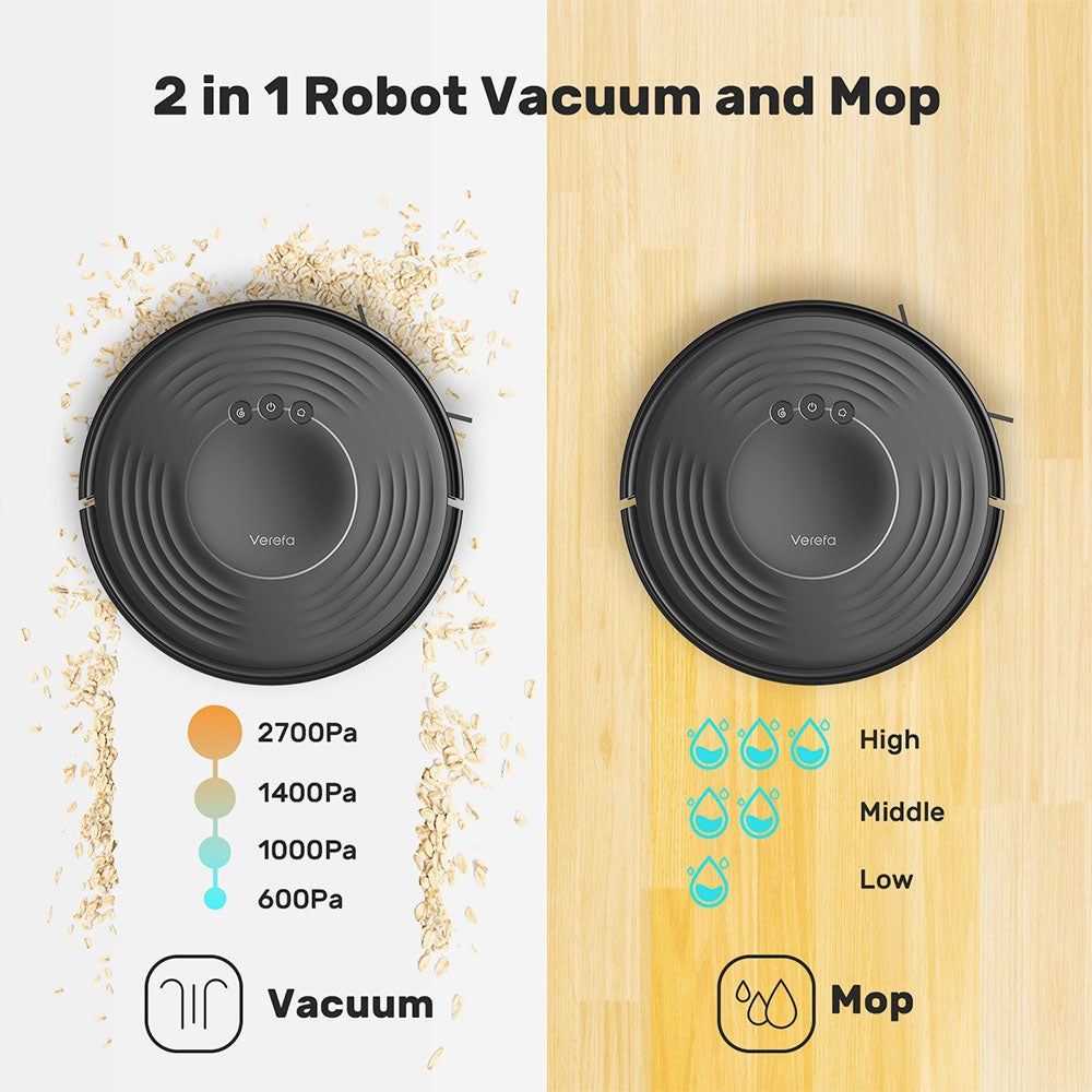 Verefa V60m Lite Robot Vacuum Cleaner, 2700Pa Max Suction, 2 in 1 Vacuuming Mopping, 250ml Dust Box, Max 150 Mins Runtime, App/Voice Control - Black
