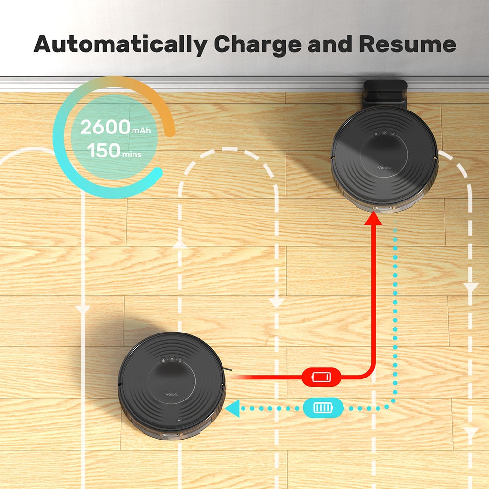 Verefa V60m Lite Robot Vacuum Cleaner, 2700Pa Max Suction, 2 in 1 Vacuuming Mopping, 250ml Dust Box, Max 150 Mins Runtime, App/Voice Control - Black
