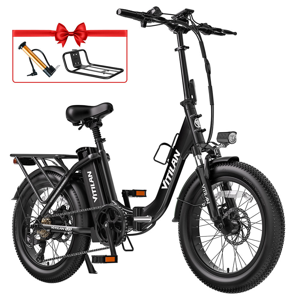 Vitilan U3 Electric Bike, 750W Motor, 48V 13AH Battery, 20*3.0-inch Tires, 45km/h Max Speed, 65km Max Range, Mechanical Disc Brake, Suspension Front Fork, Shimano 7 Speed, LCD Display - Black