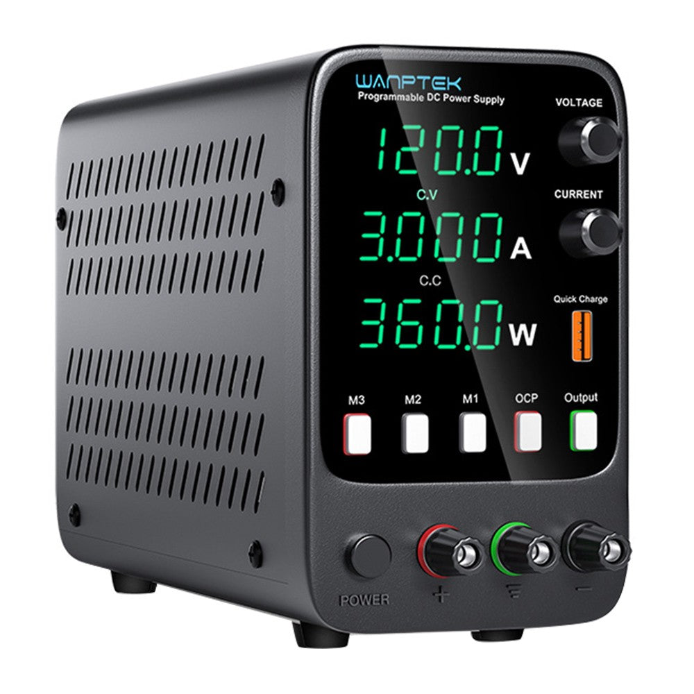 WANPTEK APS1203H Programmable Regulated DC Power Supply, 120V 3A, Storage Memory Function, Encoder Adjustment, USB Fast Charge, 4-Digit Display, Low Ripple, Cooling Fan - UK Plug