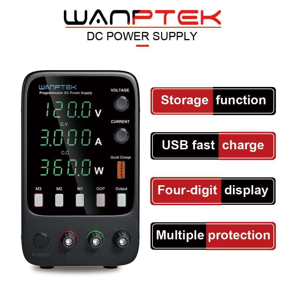WANPTEK APS1203H Programmable Regulated DC Power Supply, 120V 3A, Storage Memory Function, Encoder Adjustment, USB Fast Charge, 4-Digit Display, Low Ripple, Cooling Fan - UK Plug