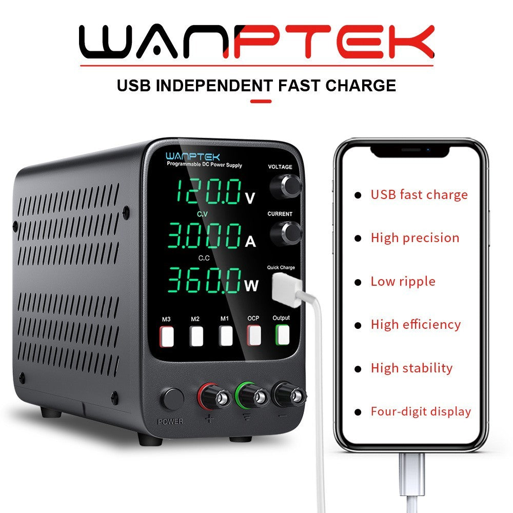 WANPTEK APS1203H Programmable Regulated DC Power Supply, 120V 3A, Storage Memory Function, Encoder Adjustment, USB Fast Charge, 4-Digit Display, Low Ripple, Cooling Fan - UK Plug