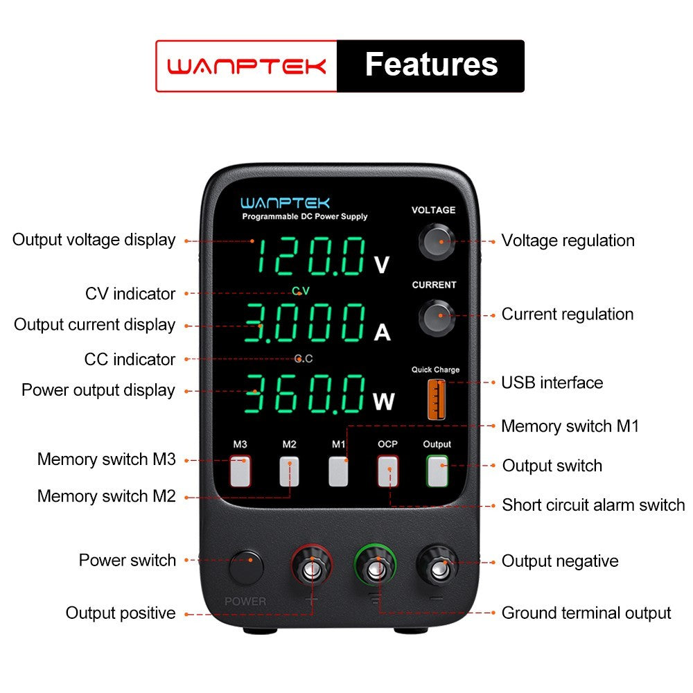 WANPTEK APS1203H Programmable Regulated DC Power Supply, 120V 3A, Storage Memory Function, Encoder Adjustment, USB Fast Charge, 4-Digit Display, Low Ripple, Cooling Fan - UK Plug