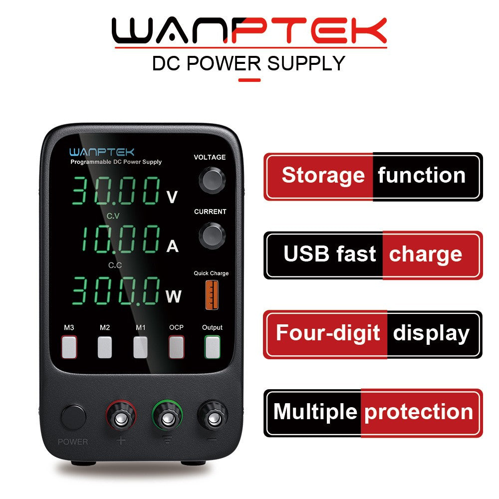 WANPTEK APS3010H Programmable Regulated DC Power Supply, 30V 10A, Storage Memory Function, Encoder Adjustment, USB Fast Charge, 4-Digit Display, Low Ripple, Cooling Fan - US Plug