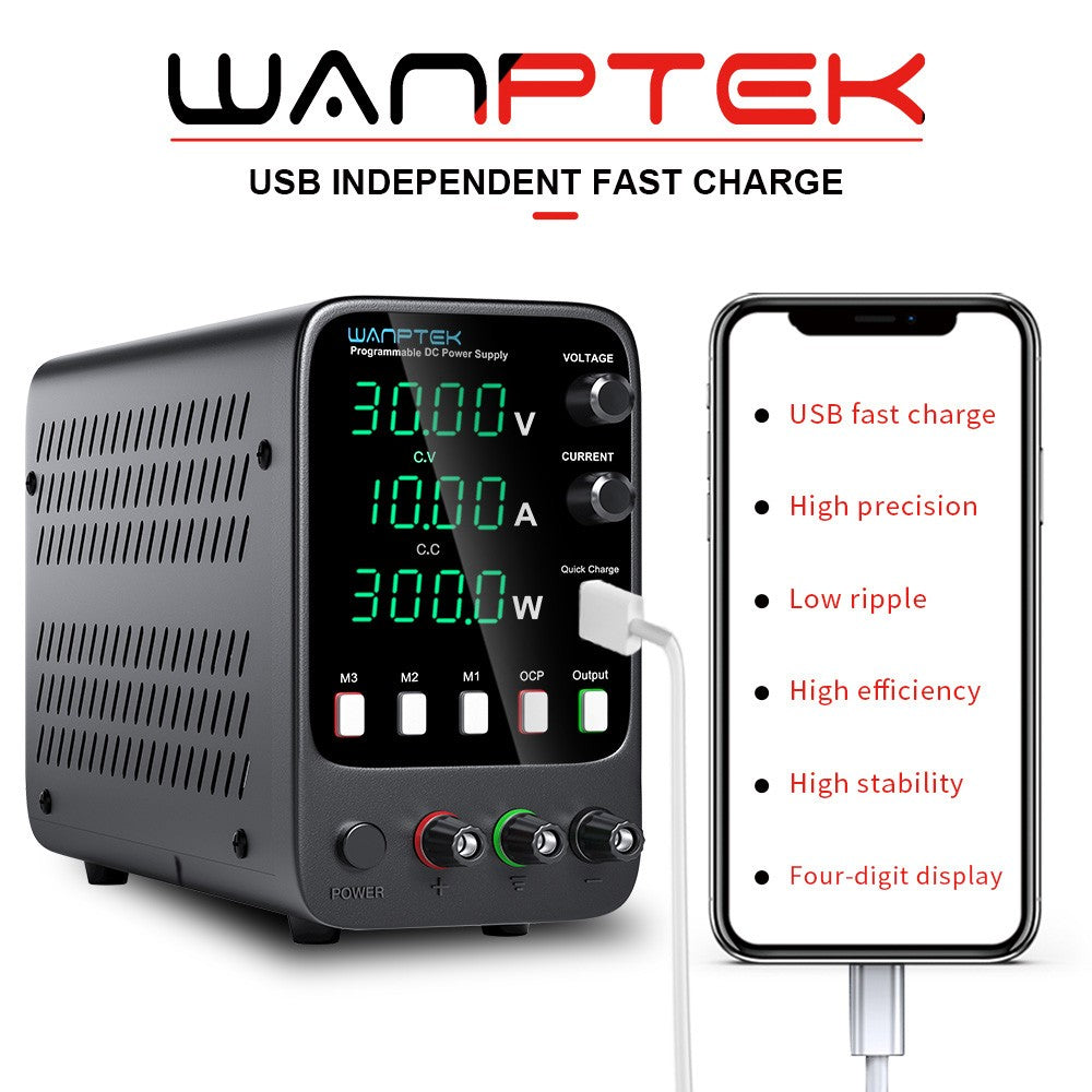 WANPTEK APS3010H Programmable Regulated DC Power Supply, 30V 10A, Storage Memory Function, Encoder Adjustment, USB Fast Charge, 4-Digit Display, Low Ripple, Cooling Fan - US Plug