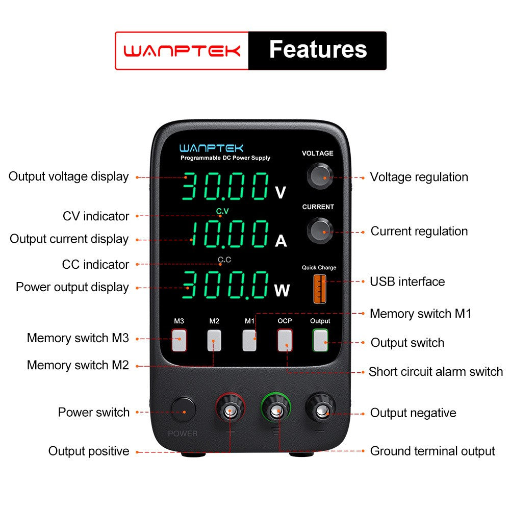WANPTEK APS3010H Programmable Regulated DC Power Supply, 30V 10A, Storage Memory Function, Encoder Adjustment, USB Fast Charge, 4-Digit Display, Low Ripple, Cooling Fan - US Plug