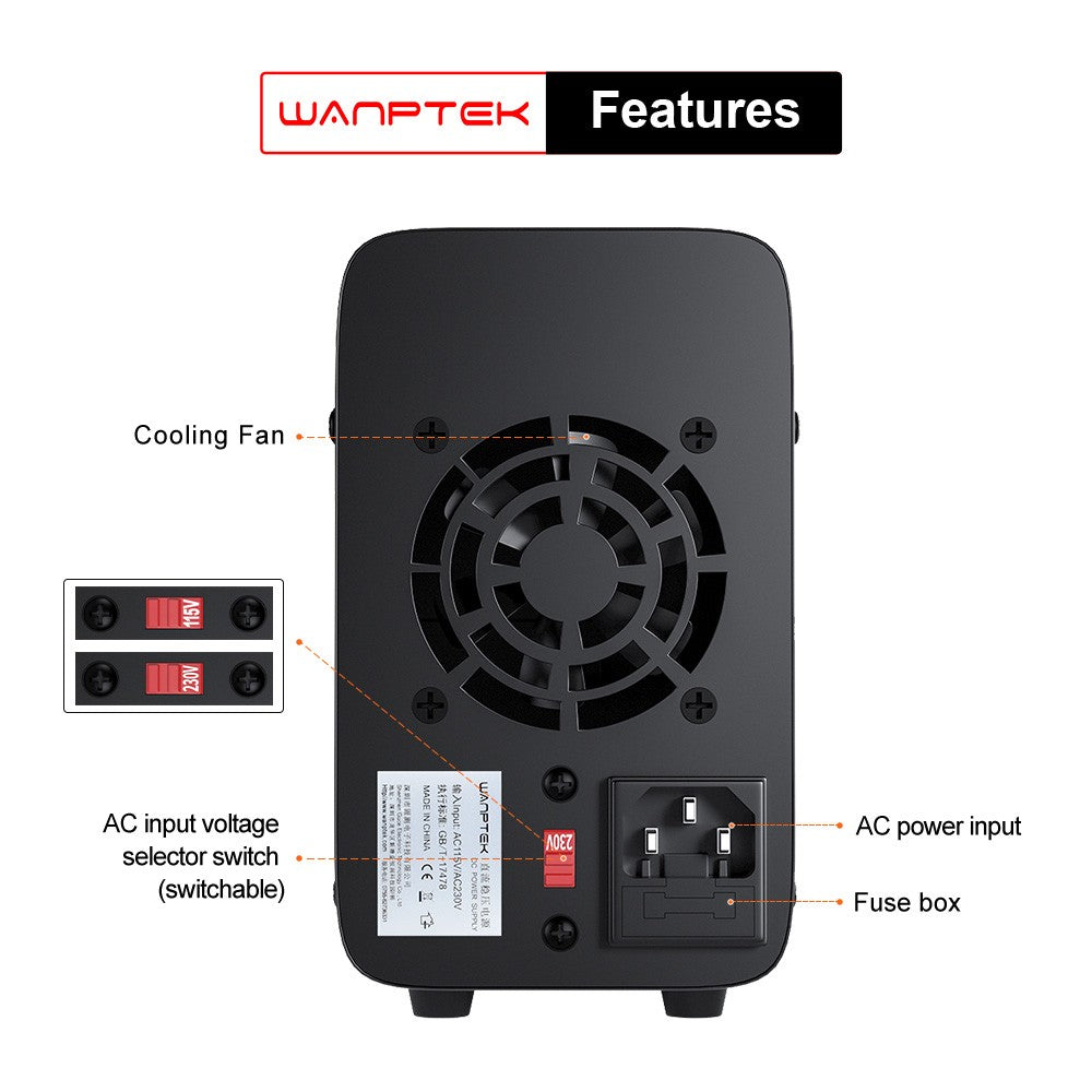WANPTEK APS3010H Programmable Regulated DC Power Supply, 30V 10A, Storage Memory Function, Encoder Adjustment, USB Fast Charge, 4-Digit Display, Low Ripple, Cooling Fan - US Plug
