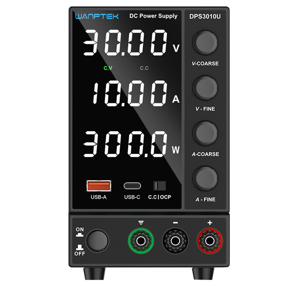 WANPTEK DPS3010U Solid-state Adjustable Regulated DC Power Supply, 30V 10A, Encoder Adjustment, USB Type-C Fast Charge, 4-Digit Display, Low Ripple, Low Noise, Cooling Fan Black - UK Plug