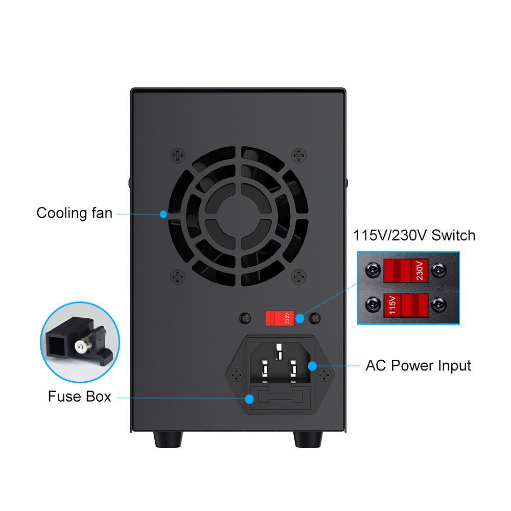 WANPTEK DPS3010U Solid-state Adjustable Regulated DC Power Supply, 30V 10A, Encoder Adjustment, USB Type-C Fast Charge, 4-Digit Display, Low Ripple, Low Noise, Cooling Fan Black - UK Plug