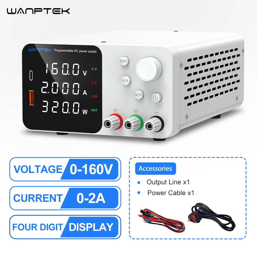 WANPTEK TPS1602 Adjustable Regulated DC Power Supply, 160V 2A, Encoder Adjustment, USB Type-C Fast Charging, 4-Digit Display, Low Noise, A/V Switching, Cooling Fan White - UK Plug