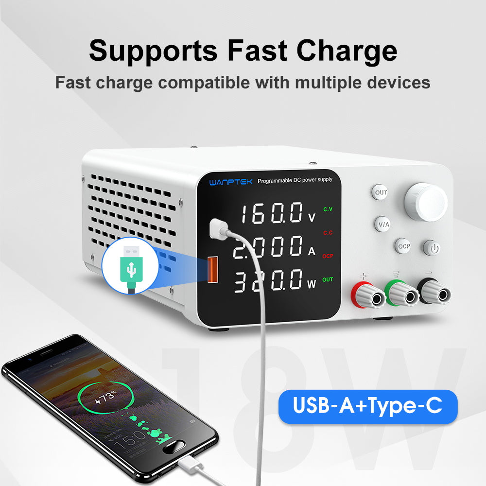 WANPTEK TPS1602 Adjustable Regulated DC Power Supply, 160V 2A, Encoder Adjustment, USB Type-C Fast Charging, 4-Digit Display, Low Noise, A/V Switching, Cooling Fan White - UK Plug